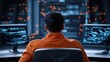 © sakon - A man in an orange shirt works on multiple computer screens displaying code, with a cityscape background.