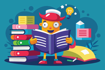 Poster - A lively character happily reads a large book surrounded by colorful stacks of various books and ideas, Reading list Customizable Cartoon Illustration