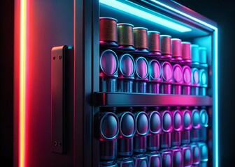 Poster - Sleek Black Vending Machine with Neon Accents at Night - Cold Canned Drinks