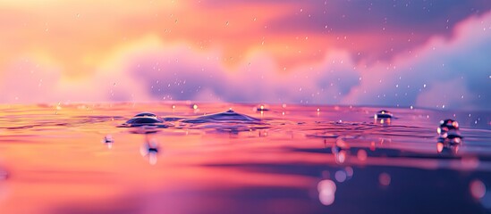 Wall Mural - glistening water droplets on serene surface reflect vibrant sunset hues of pink and orange with soft