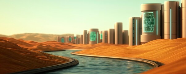 Poster - Climate Change drought concept. Futuristic city alongside a serene river in a desert landscape.