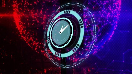 Poster - Futuristic digital clock animation over vibrant red and purple abstract background