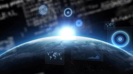 Poster - Animation of digital data and graphs overlaying Earth with glowing light in space