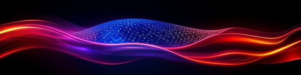 Poster - abstract red and blue wavy stripes with network mesh background, digital illustration