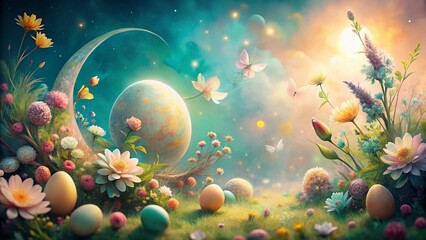 Poster - Soft Easter Sun & Moon Boho Background: Pastel Dreamy Springtime Print