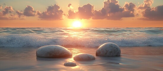 Wall Mural - tranquil sunset over calm beach featuring smooth stones arranged harmoniously in foreground with gen