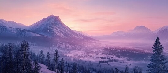 Wall Mural - mountainous winter landscape at sunset featuring pink and purple sky, snow-covered hills, and trees 