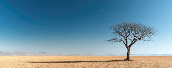 Poster - Climate change drought idea. Solitary tree standing resilient in a vast, empty landscape under a clear blue sky.