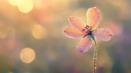 Poster - An artistic composition of a single flower stem with dew-covered petals against a blurred background, capturing the freshness of nature and the beauty of early mornings.