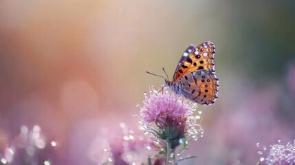 Poster - A butterfly perched on a dew-covered flower, highlighting the delicate relationship between nature and its creatures, creating a captivating moment in the wild.
