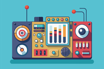 Poster - A vibrant, stylish recording device features multiple buttons and speaker systems against a solid background, Recording Customizable Semi Flat Illustration