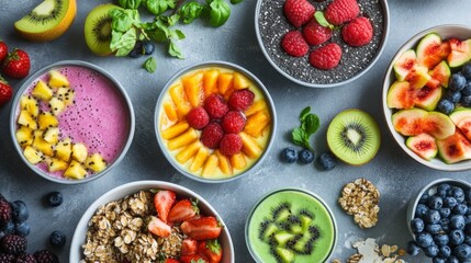 Poster - A flat lay of a healthy brunch spread featuring different fruit smoothies, bowls of fresh fruit, and healthy snacks, creating an inviting atmosphere.