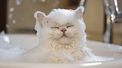 Poster - A fluffy white cat covered in soap bubbles during bath time, its fur slicked back, looking both adorable and funny.