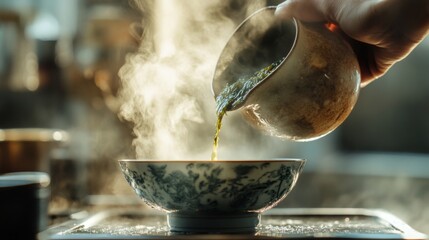 Poster - A hand pouring hot seaweed soup from a pot into a beautifully crafted bowl, with steam rising and a warm glow illuminating the kitchen.