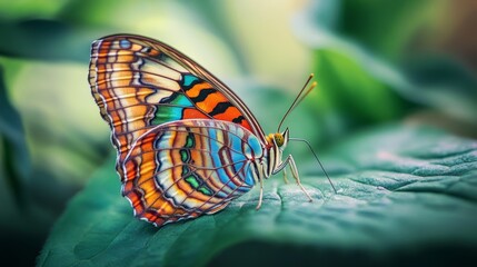 Poster - A macro shot of a butterfly resting on a leaf, with intricate wing patterns and vivid colors, capturing the delicate relationship between insects and plants.