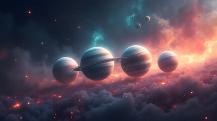 Wall Mural - Dreamy Fantasy Space Planets with Rings and Colorful Nebula Clouds | Digital Art Wallpaper Background