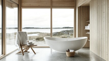 Aufkleber - A minimalist Nordic bathroom with a freestanding tub, wood accents, and large windows, creating a spa-like atmosphere that emphasizes relaxation and simplicity.