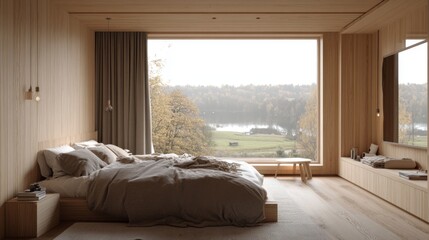 Poster - A peaceful Nordic bedroom with natural wood accents, soft bedding, and a large window overlooking a serene landscape, creating a calming retreat.