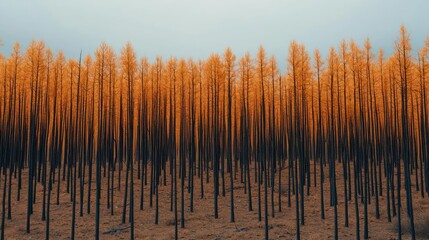 Aufkleber - Climate change drought idea. Stunning scenery of tall trees with burnt orange foliage against a cloudy sky.