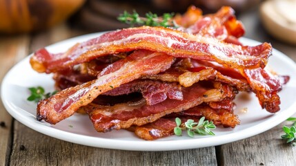 Aufkleber - A stack of perfectly cooked bacon strips on a white plate, garnished with fresh herbs, ready to be served at a brunch gathering.