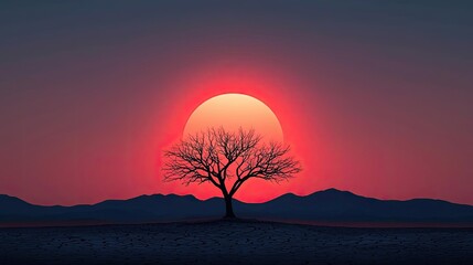 Poster - Climate change drought idea. A stunning sunset silhouette of a tree against vibrant mountain hues.