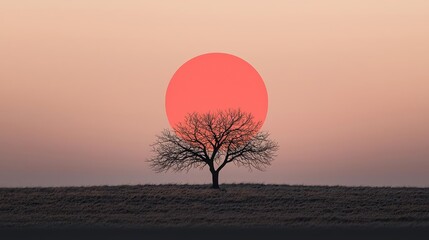 Poster - Climate change drought idea. A solitary tree silhouetted against a vibrant sunset sky, creating a peaceful ambiance.