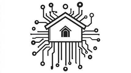 Poster - Smart Home Technology Concept. Illustration of a house with circuit board background. Possible Use Stock photo for websites related to home automation, IoT, or smart living