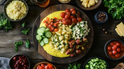 Poster - A vibrant overhead shot of a polenta board with different toppings, including cheese, vegetables, and sauces, inviting viewers to explore the diverse flavors.