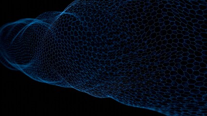 Poster - Glowing purple wireframe mesh flowing in a dynamic pattern against a black background, creating a modern and abstract digital design