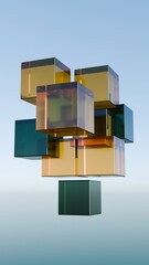 Poster - Colorful floating cubes in shades of yellow, green, and blue, creating a modern and abstract design with a smooth, reflective surface against a soft sky-blue background.