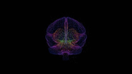 Poster - Complex multi-colored BRAIN data visualization of swirling particles forming a brain-like shape on a black background, evoking a futuristic, conceptual design