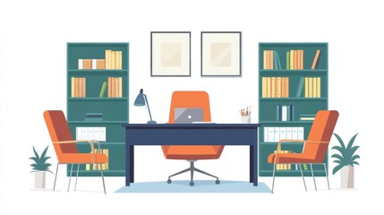 Aufkleber - Modern office workspace with bookshelves, desk, and chairs. Possible use Stock photo for business presentations, commercial, or educational materials