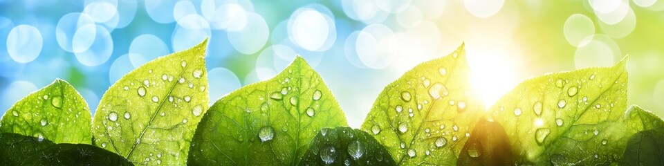 Wall Mural - Springtime Freshness Lush Green Leaves with Sparkling Water Droplets in Vibrant Sunlight