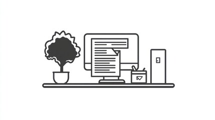 Poster - Office Workspace with Computer, Printer, and Plant