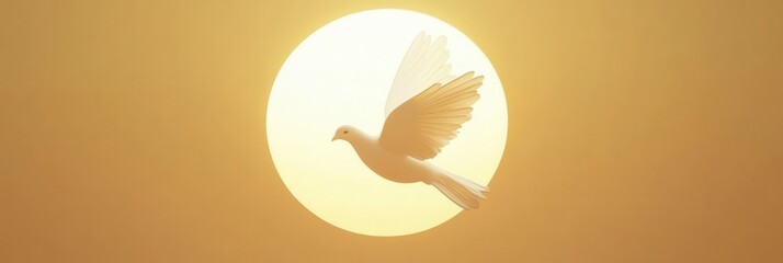 Poster - White dove flying gracefully against a soft golden sun with glowing hues