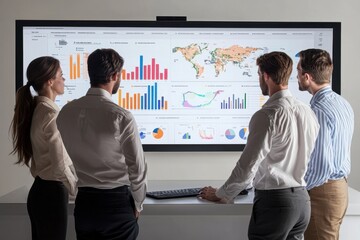 Poster - Business professionals analyze data on large screen in modern conference room during team meeting at corporate building