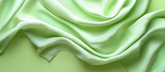 Poster - Crumpled light green fabric draped on soft green backdrop creating elegant texture and ample copy space for advertising or promotional use