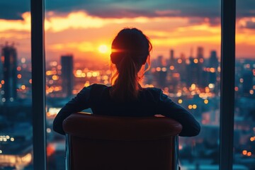 Aufkleber - Sunset view from urban high-rise, showcasing serene moments of reflection against a vibrant city skyline