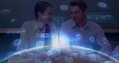 Poster - Discussing animation, two people in school with digital holographic interface