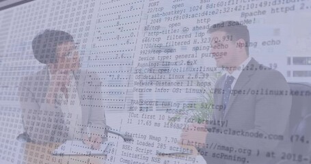 Poster - Discussing computer code, business professionals with animation of network data in office