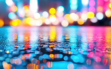 Aufkleber - Colorful Urban Reflection with Bokeh Lights on Wet Surface in Night Cityscape