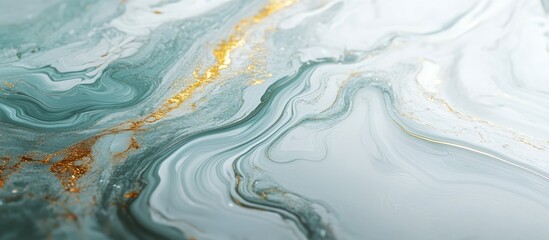 Poster - Fluid marbled background featuring soft teal and white swirls with delicate gold accents flowing throughout the image creating an elegant texture