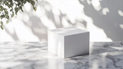 Poster - product display with shadow: a minimalist scene showcasing a plain, white cube set atop a marble sur