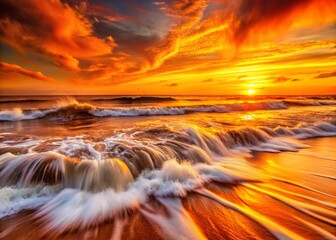 Poster - Stunning Long Exposure Photo of Orange Ocean Waves Crashing on Shore at Sunset