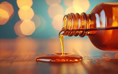 Aufkleber - Golden Liquid Flowing from a Glass Bottle on a Wooden Surface with Blurred Lights in Background