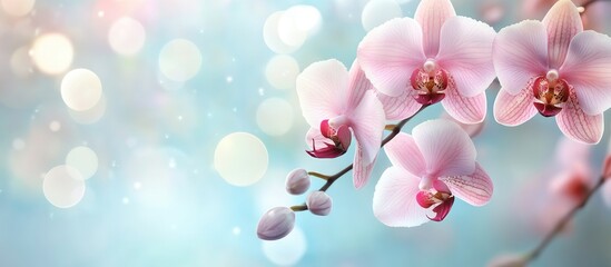 Poster - Delicate pink orchids on a softly blurred pastel blue background, featuring shimmering bokeh circles creating a serene and elegant atmosphere.