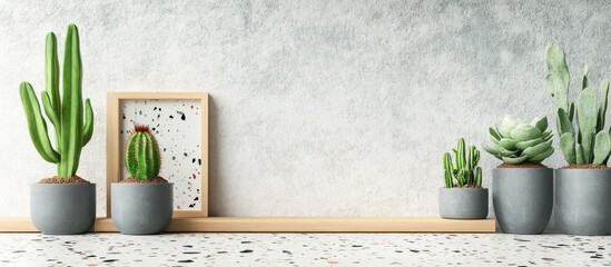 Poster - Panoramic view of a terrazzo patterned desk featuring gray pots with cacti and a wooden frame on a light textured background.