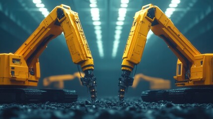Aufkleber - Robotic Excavators Working in Industrial Environment with Futuristic Technology and Design