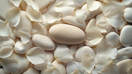 Aufkleber - Natural decorative arrangement of smooth stones and delicate flower petals on a soft surface displaying tranquility and harmony in a serene setting