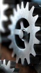 Poster - Close-up, Interlocking Metal Gears Representing Industrial Machinery Components and Concepts